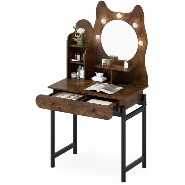 Costway Make-uptafel in kattenvorm met spiegel en verlichting, kaptafel met 3 lichtmodi en dimbare helderheid, 2 laden en stopcontacten, make-uptafel voor vrouwen en meisjes (bruin)