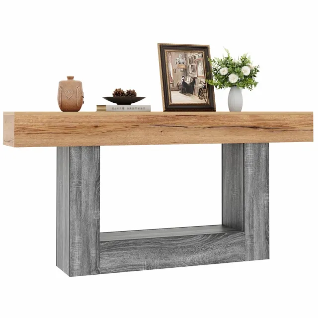 Clruro Consoletafel - Tweekleurige Houtlook met Onderplank - Dik Tafelblad - Spaanplaat - Houtkleur Naturel