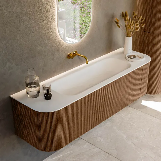 Mondiaz KURVE 160 cm Onderkast Greeploos 1 Lade Met Deuren Walnut, Wastafel Solid Surface Midden Talc 0 Kraangaten Zonder Spiegel (KRVBGM160L+R1L2D0KM-Wal/Tal)