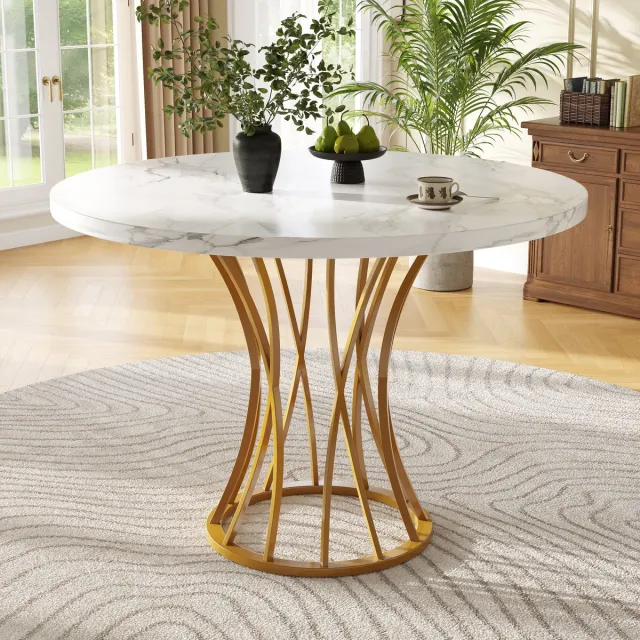 Welltin Ronde Eettafel - Keukentafel - 80 x 80 x 76 cm - Eettafel Voor 4-6 - Eettafel met Metalen Onderstel - Geschikt voor restaurants en woonkamers - Goudkleurig