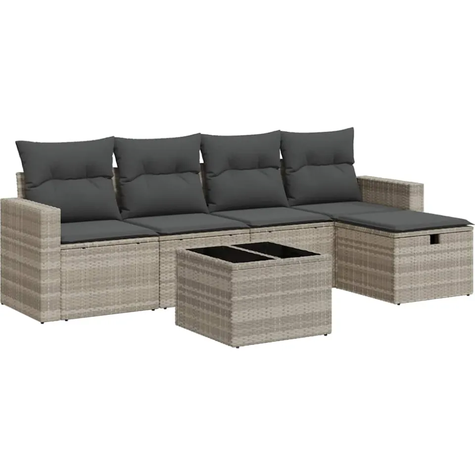 vidaXL 6-delige Loungeset met kussens poly rattan lichtgrijs grijs, foto 3