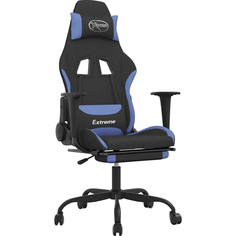 vidaXL Massage gamestoel met voetensteun stof zwart en blauw, foto 3
