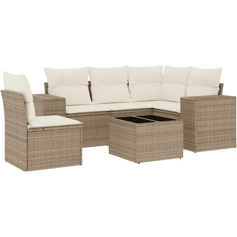 vidaXL 6-delige Loungeset met kussens poly rattan beige