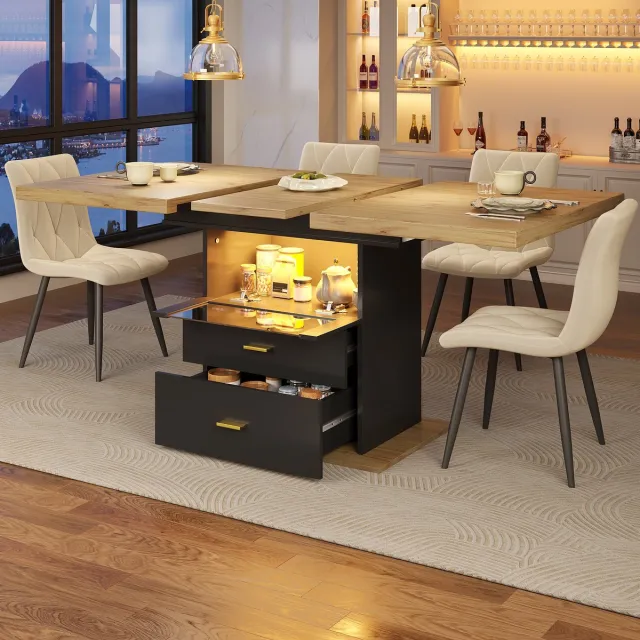KOMHTOM Uitschuifbare Eettafel - Houten Tafel met LED-verlichting - 110/140 x 80 x 75 cm - Voor Eetkamers, Keukens en Terrassen - Geschikt voor 6 Personen