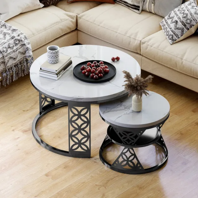 WUVRIE Salontafelset van 2 met marmerlook blad en metalen onderstel, zwart/wit Wit+Zwart