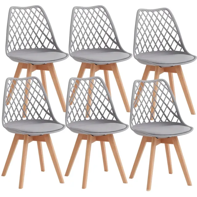 Questyr Set van 6 Eetkamerstoelen – Grijs – Scandinavisch Design – Mesh Rugleuning & Houten Poten – Comfortabele PU‑Lederen Stoelen voor Keuken & Eetkamer