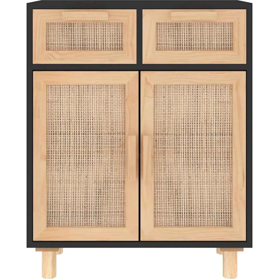 vidaXL Dressoir 60x30x75 cm massief grenen hout en rattan zwart, foto 4