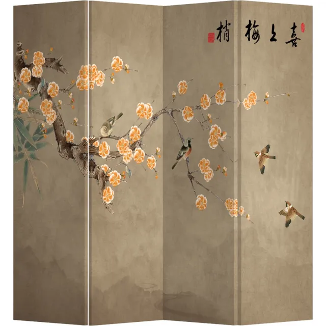 Fine Asianliving Kamerscherm Scheidingswand B160xH180cm 4 Panelen Chinese Pruim Bloesems multicolor
