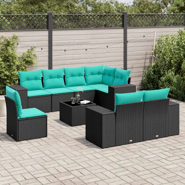 vidaXL 9-delige tuinbankset met kussens van zwart polyrotan, foto 2