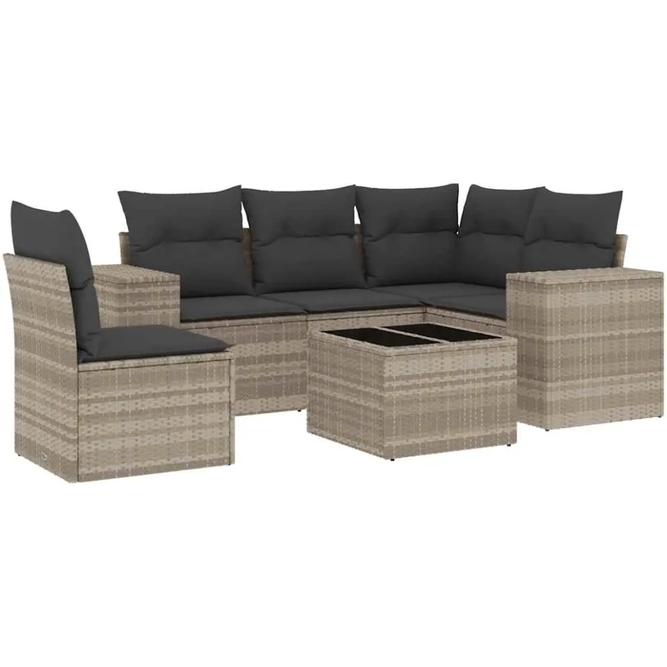 vidaXL 6-delige Loungeset met kussens poly rattan lichtgrijs grijs, foto 3