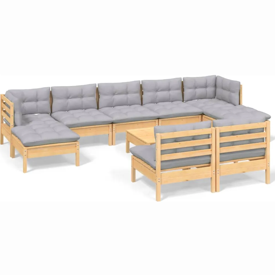 vidaXL 10-delige Loungeset met grijze kussens grenenhout Grijs