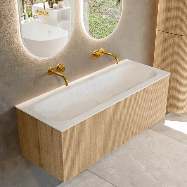 Mondiaz KURVE-DLUX 120 cm Onderkast Greeploos 1 Lade Zonder Deuren Oak, Wastafel Solid Surface Volledig Opalo 0 Kraangaten Zonder Spiegel (KRVBGL1201L0D0KM-Oak/Opa)