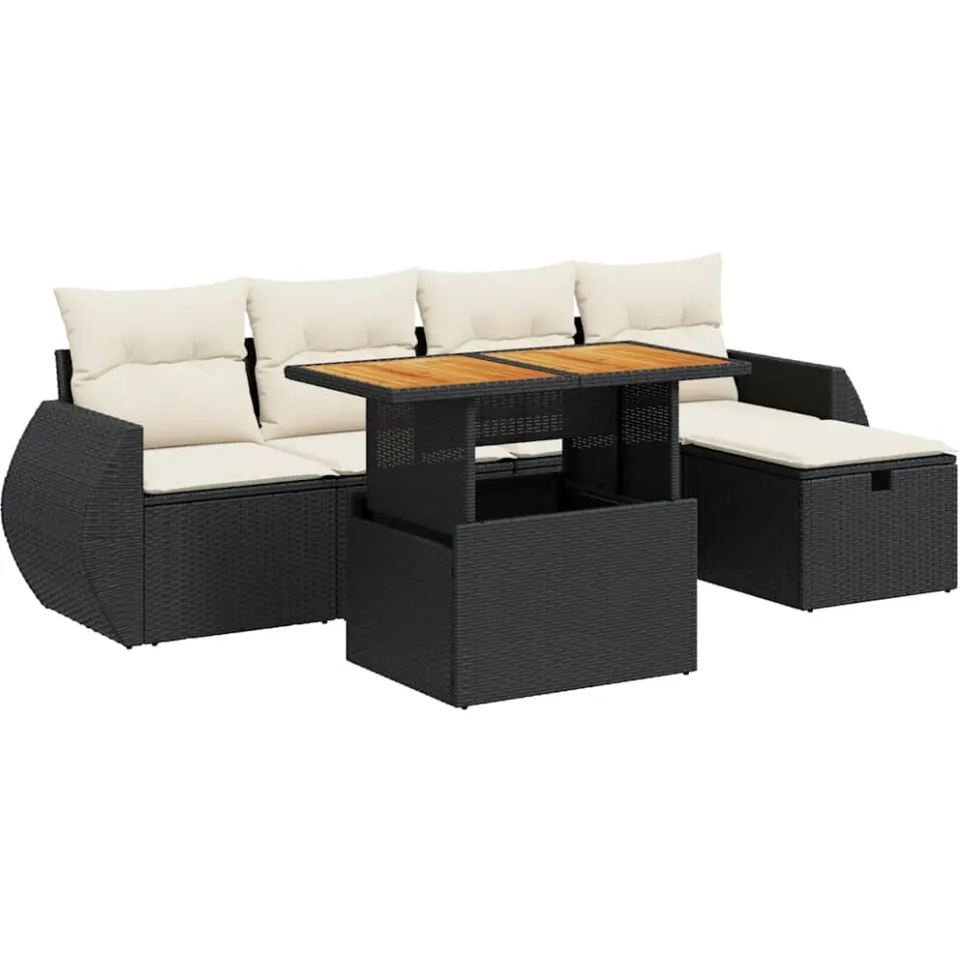 vidaXL 6-delige Loungeset met kussens poly rattan acacia zwart, foto 3