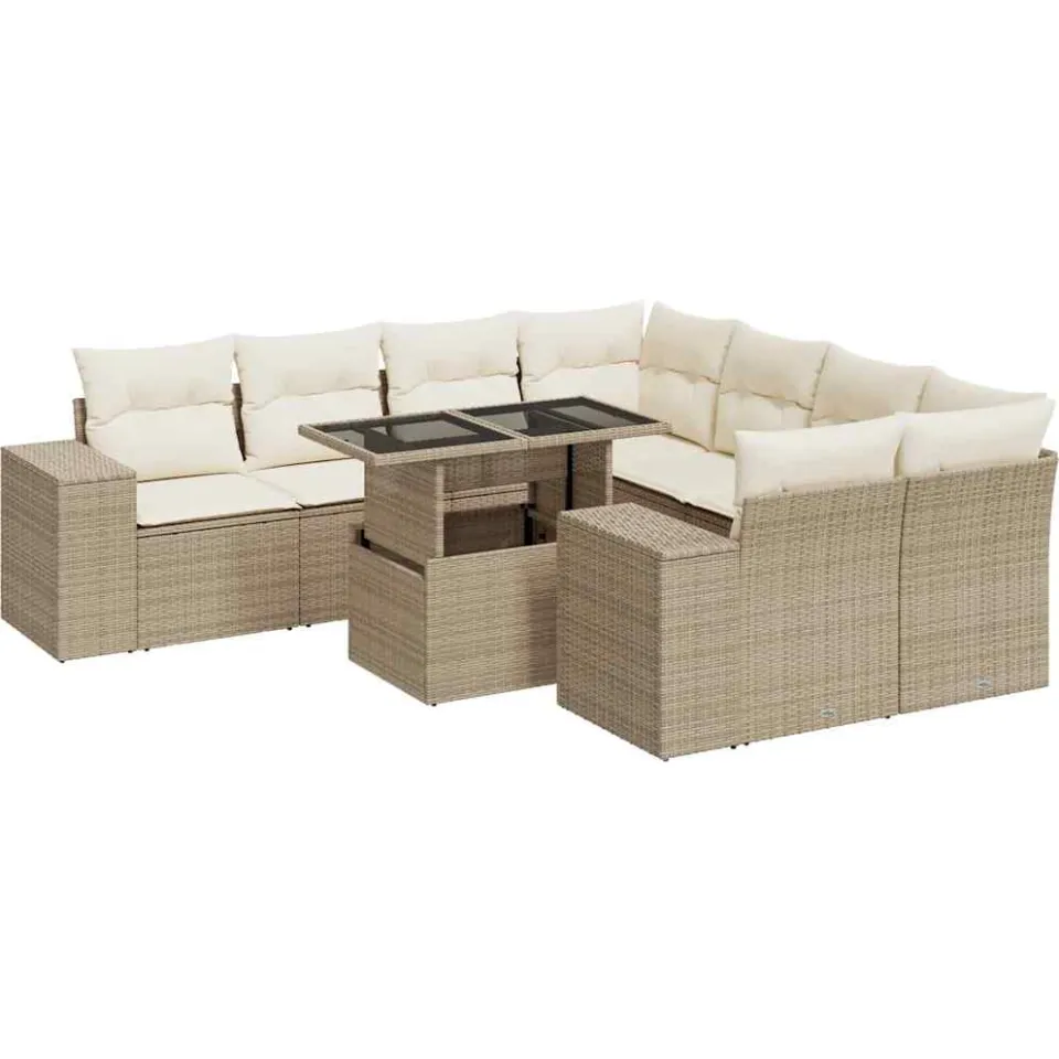 vidaXL 9-delige Loungeset met kussens poly rattan beige, foto 3