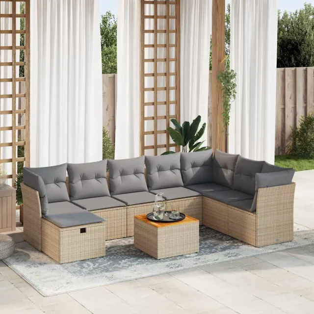 vidaXL 9-delige Loungeset met kussens poly rattan beige, foto 2
