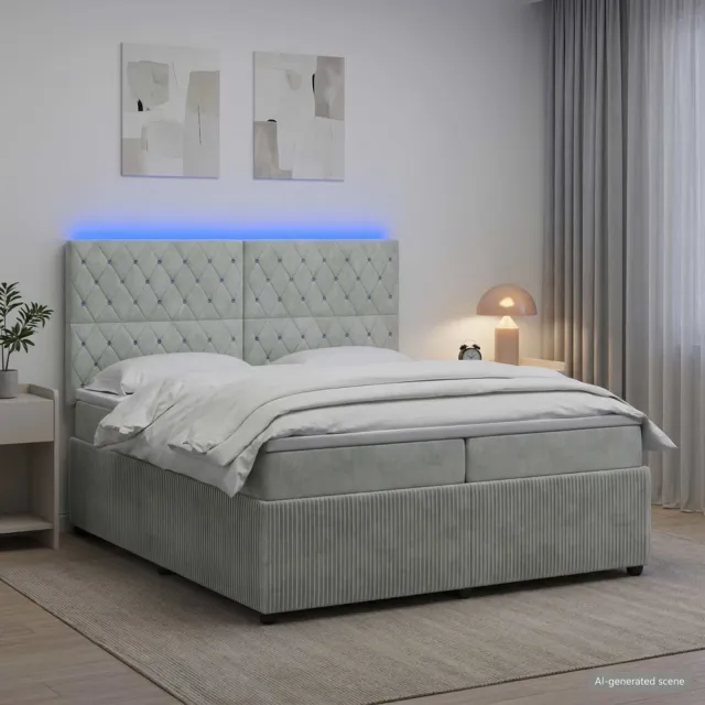 vidaXL LED Boxspring Bed met Matras Lichtgrijs 200 x 200 cm Fluweel