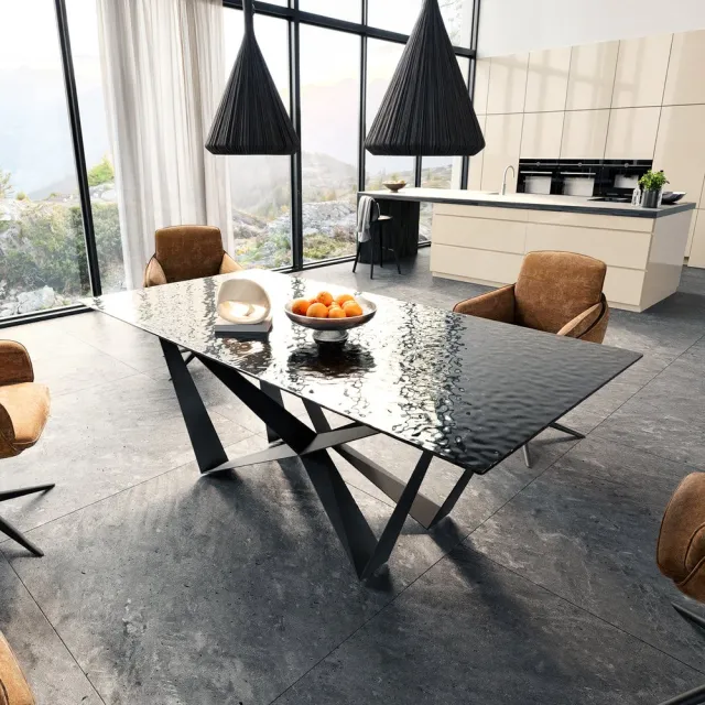 DELIFE Eetkamertafel Edge Glas smelten rokerig zwart 3D-Relief 200x100 spider vlak staal zwart