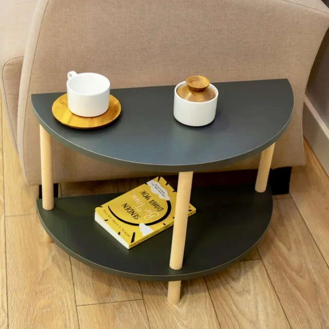 City of Wood Halfronde Salontafel Houten Poten met Twee Planken Decoratief Tijdschriftenrek, Krantenhouder - Grijs