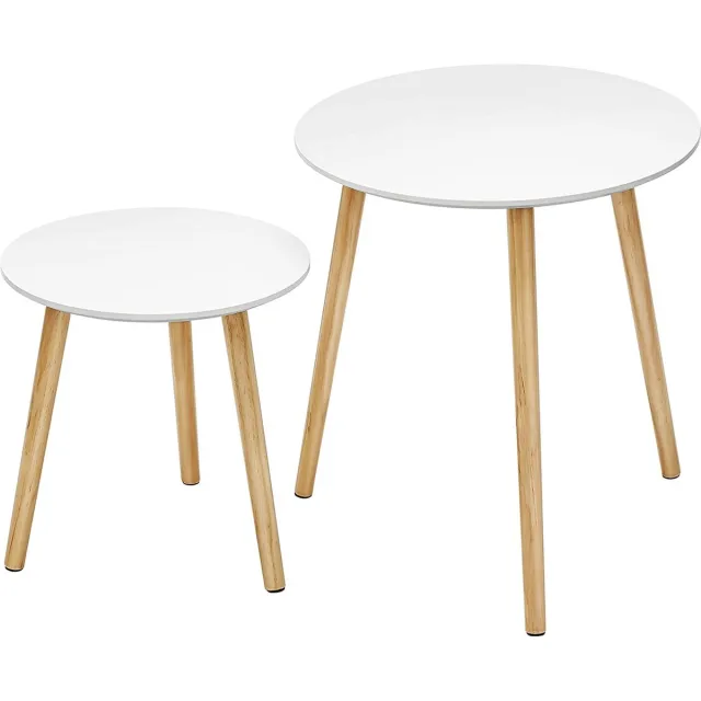LAUWG Bijzettafelset rond, 2 moderne salontafels, minimalistisch, Scandinavische stijl, salontafels met poten van massief hout, tafelcombinatie voor woonkamer, balkon, grenenhout Wit