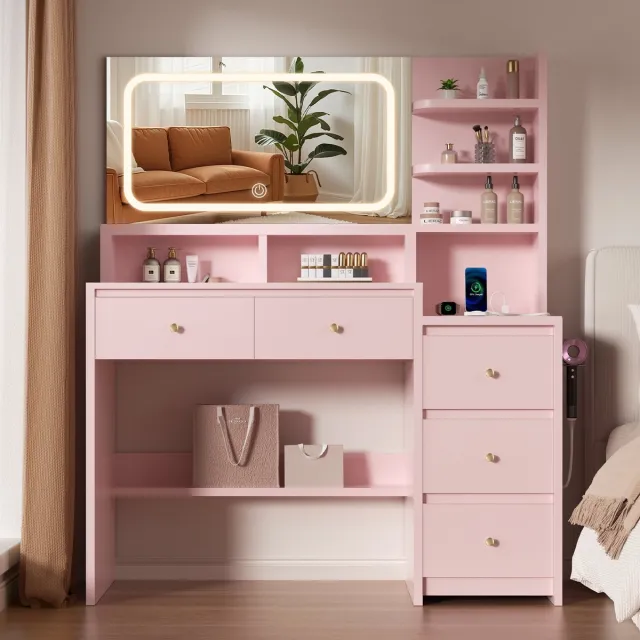 Lexzurn Kaptafel - Make-up tafel met spiegel - 3 soorten LED-verlichting - 5 Laden + 7 Open Opbergvakken - met Föhnhouder - met Stopcontact en USB-poorten - 143 x 115 x 40 cm - voor Slaapkamer en Kleedkamer - Roze