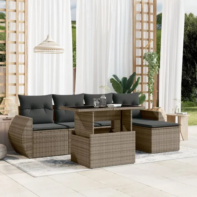 vidaXL 6-delige Loungeset met kussens poly rattan grijs, foto 2