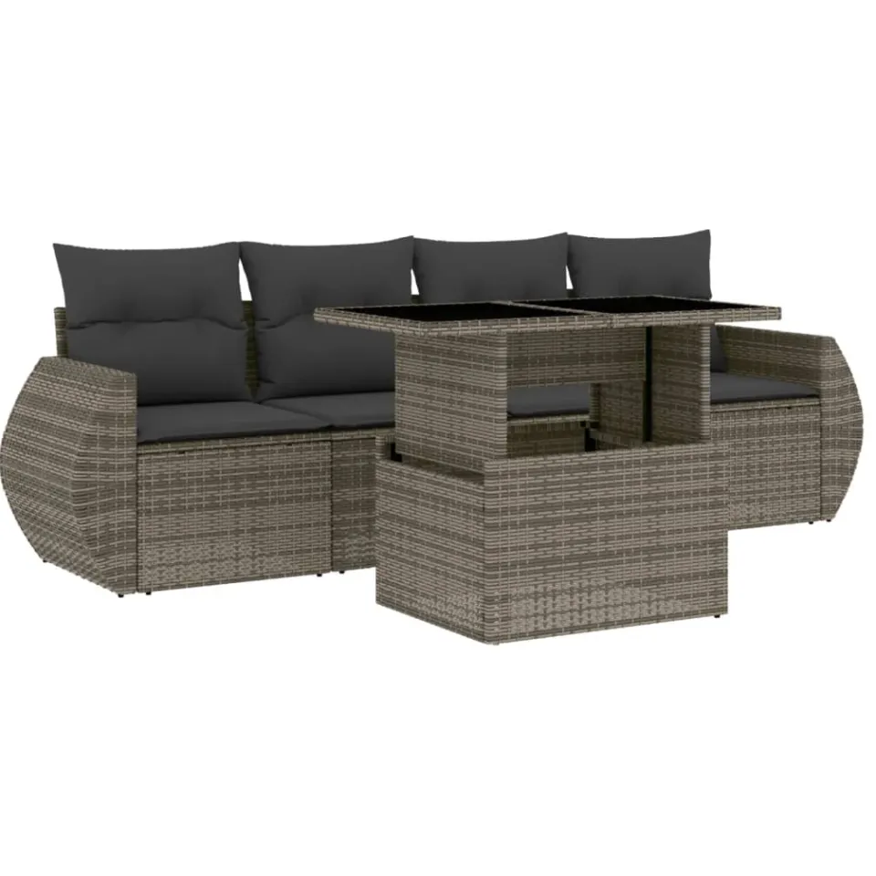 vidaXL 5-delige Loungeset met kussens poly rattan grijs, foto 3