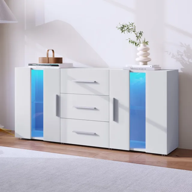 MODENUIT Dressoir - Met Ledverlichting En 3 Laden - Voor Woonkamer Of Eetkamer - MDF Wit - 140x35x70 cm