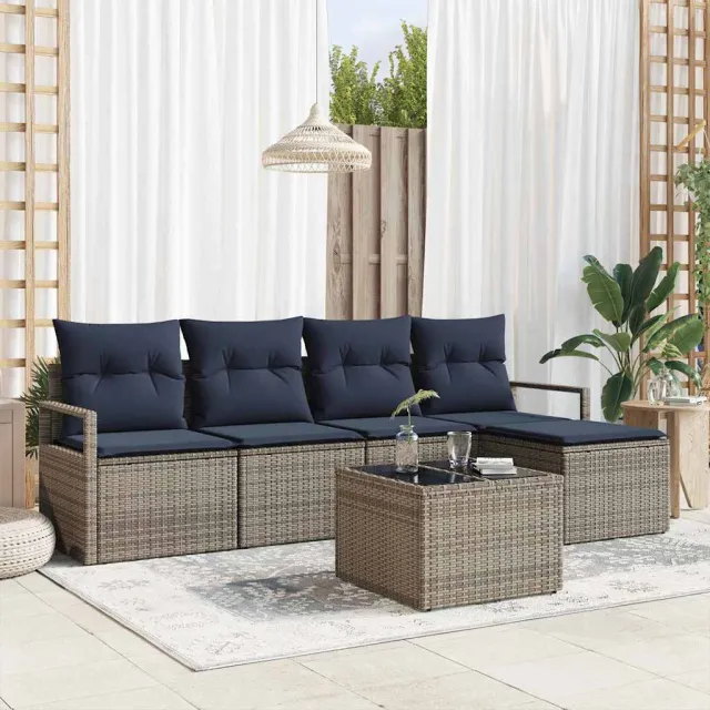 vidaXL Bankstel met kussen 6 pcs Grijs poly rattan, foto 2