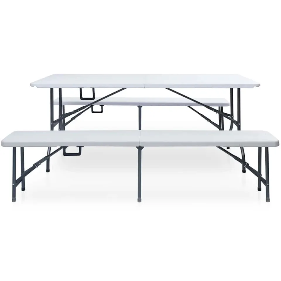 vidaXL Tuintafel met 2 bankjes inklapbaar 180 cm staal en HDPE wit