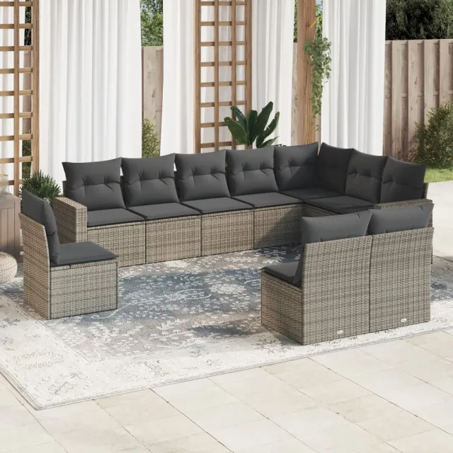 vidaXL 10-delige Loungeset met kussens poly rattan grijs, foto 2
