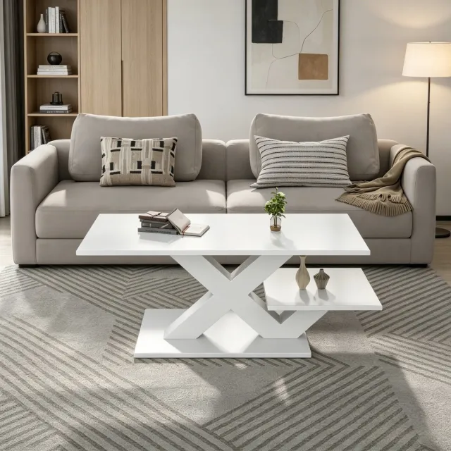 OKWISH Salontafel – Rechthoekig Met Dubbel Tafelblad – Voor Woonkamer Of Slaapkamer – Hoogglans MDF Wit – 100 x 48 x 45 cm