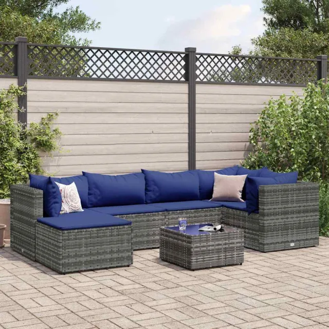 vidaXL 7-delige Loungeset met kussens poly rattan grijs, foto 2