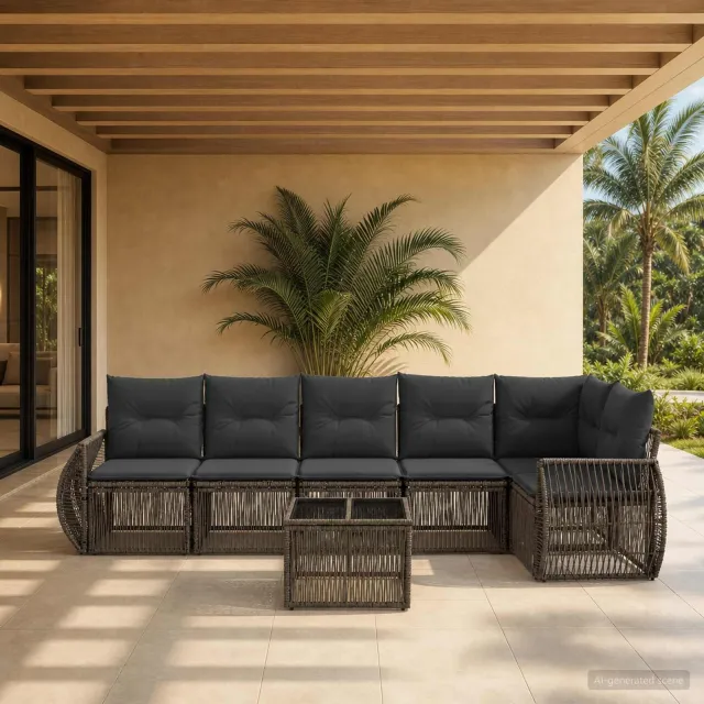 vidaXL Tuinbankenset 7 st 6-zits Grijs en Donkergrijs poly rattan
