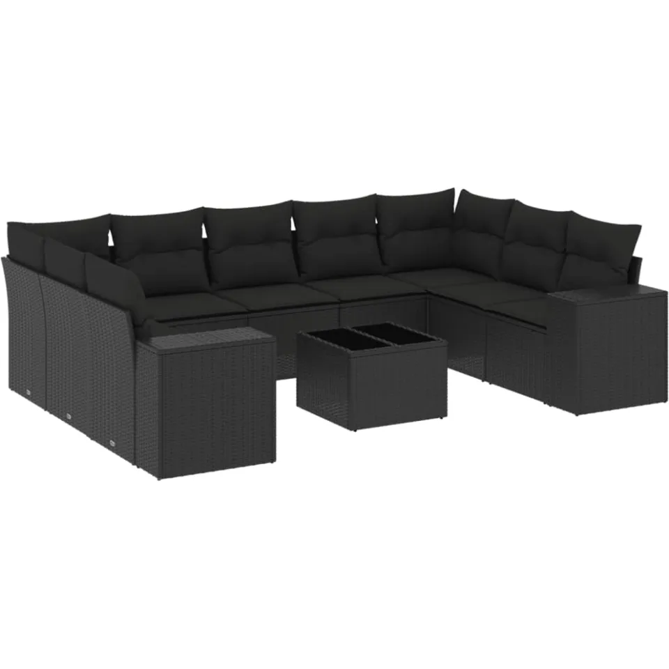 vidaXL 10-delige Loungeset met kussens poly rattan zwart