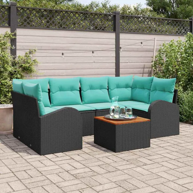 vidaXL Tuinbankenset 7 st Zwart en Turquoise poly rattan