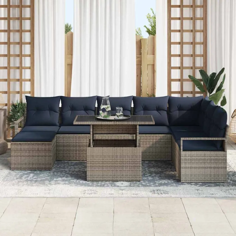 vidaXL Tuin Sofa Set 9 st Grijs en Marineblauw poly rattan, foto 3
