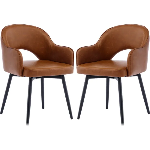chairus Eetkamerstoel Set van 2 stoelen - Bruin - Kunstleer - Met Metalen Poten en Armleuningen - Holle Rugleuning - Vaste Hoogte en Draaibaar - Gewatteerde Zitting - Voor de Woonkamer en Keuken