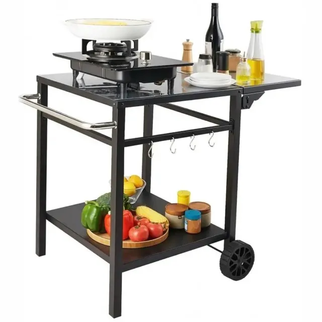 emvae Tuintafel - Plancha BBQ - Buitenkeuken trolley - Barbecuekar - BBQ Tafel op Wielen - 2 Niveaus - Opklapbaar Werkblad - 97,2 x 64 x 75,5 cm - Metaal Zwart