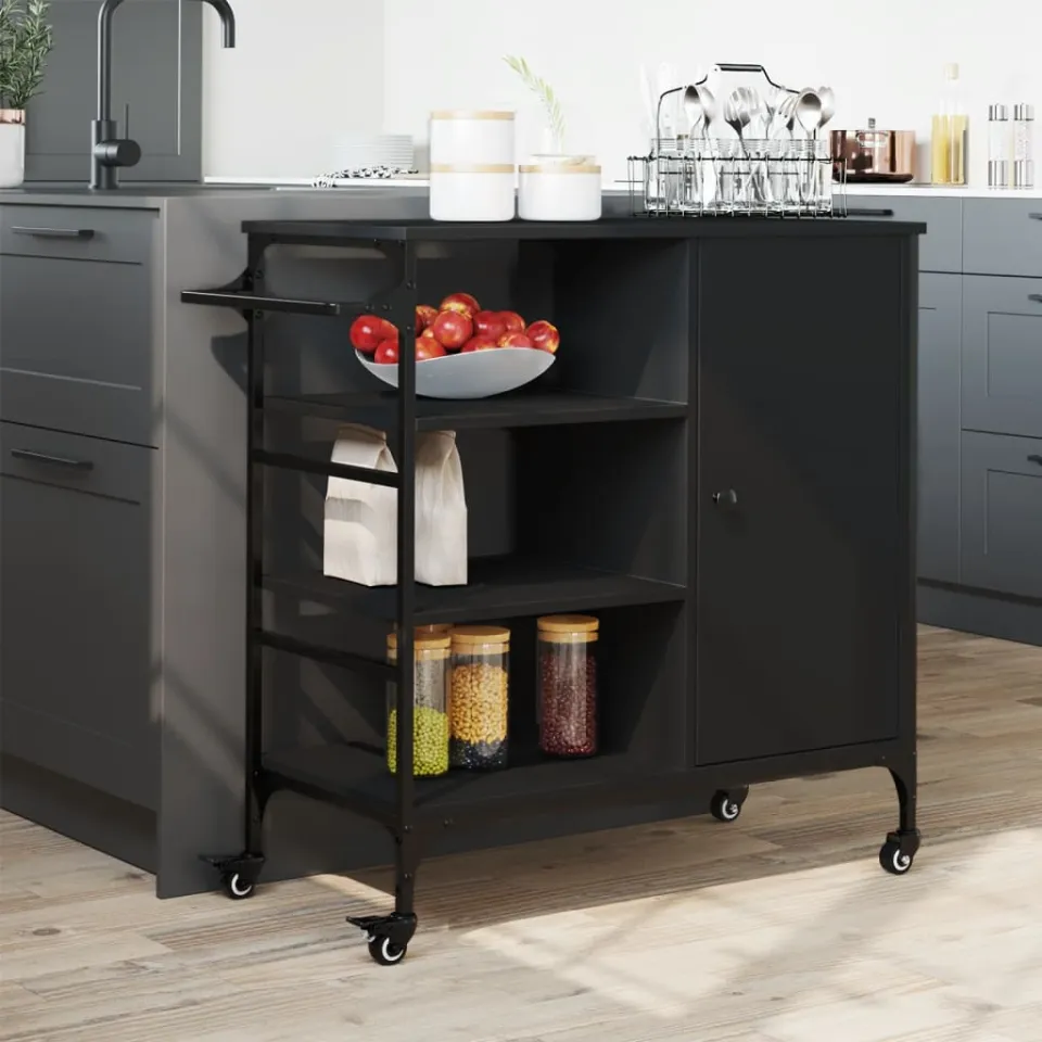 vidaXL Keukentrolley 87,5x38,5x84,5 cm bewerkt hout zwart, foto 3