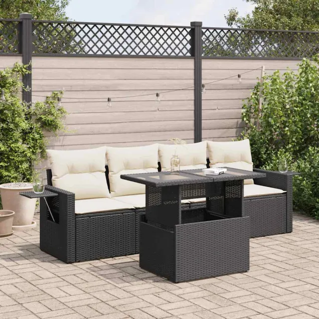 vidaXL 5-delige Loungeset met kussens poly rattan zwart, foto 2
