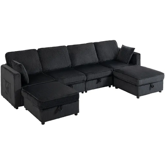 Homona Modulaire 4-zitsbank met opbergruimte en 2 hockers - Modulair ontwerp - Met 4 kussens - Van corduroy - 306 x 153 x 85 cm - Donkergrijs/Zwart