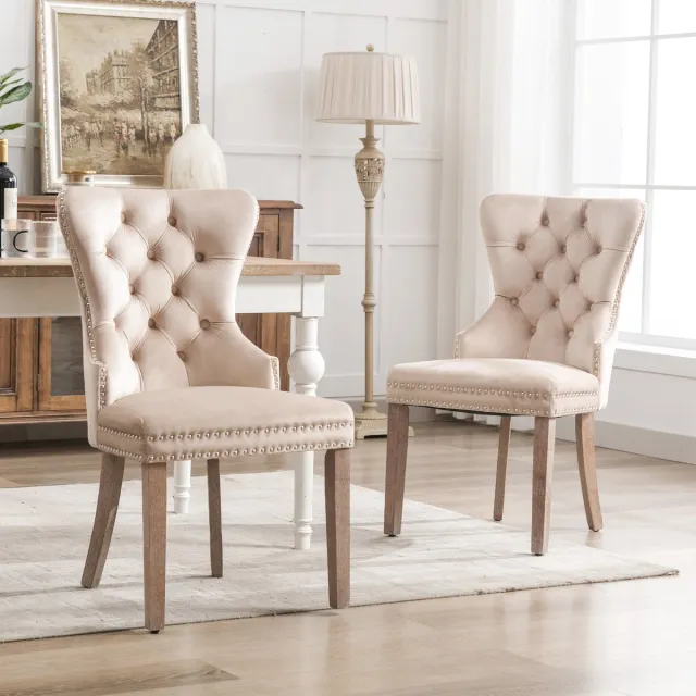 Wishdor Eetkamerstoelen - Set Van 2 - Fluwelen Bekleding - Retro Ontwerp Met Ringgreep - Beige - Verstelbare Poten