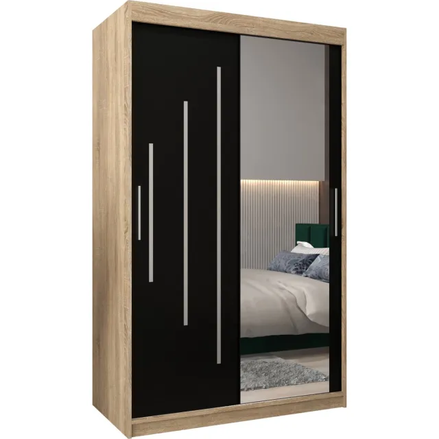 InspireME Kledingkast met 2 schuifdeuren, Modern-stijl, Een kledingkast met planken en een spiegel (BxHxD): 120x200x62 - MALTESE II 120 Sonoma Eik + Zwart Mat