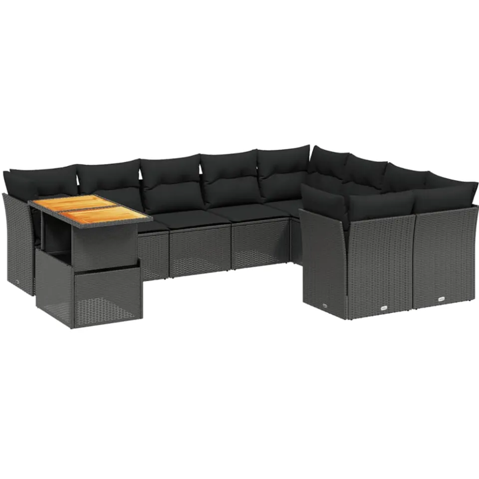 vidaXL 10-delige Loungeset met kussens poly rattan zwart, foto 3