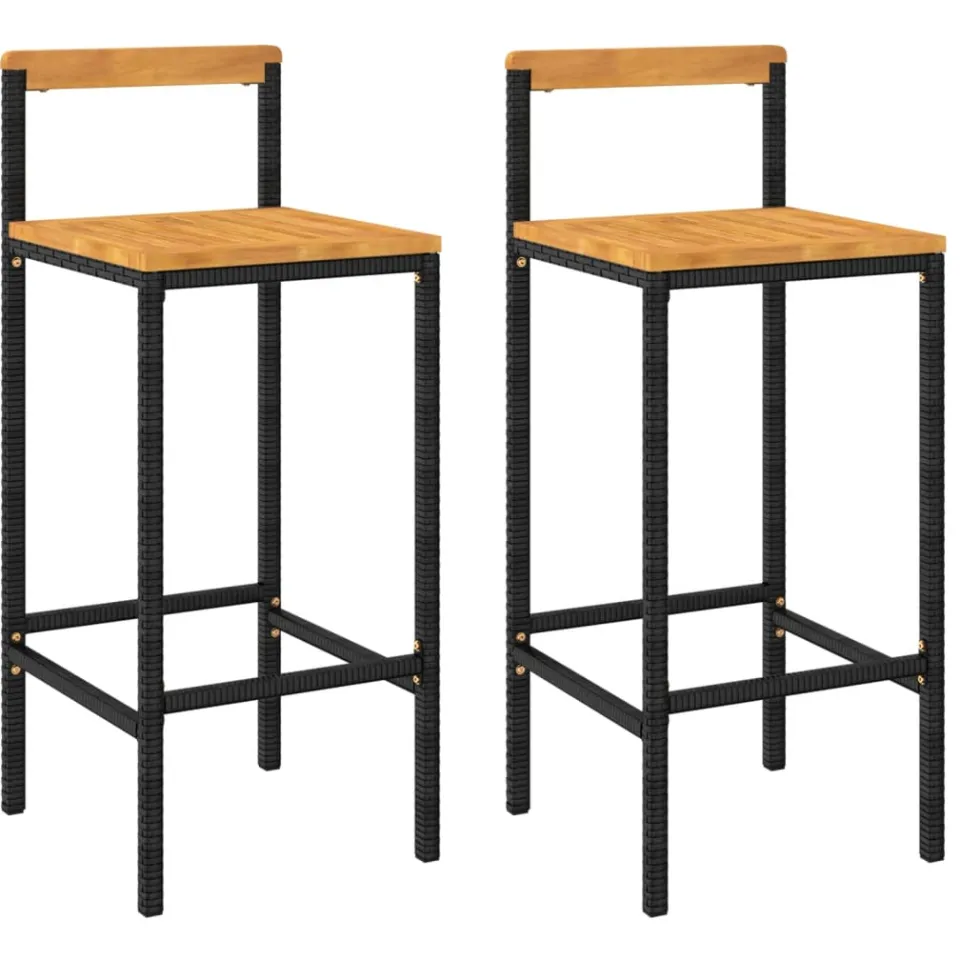vidaXL Barkrukken 2 st poly rattan en massief acaciahout zwart, foto 3