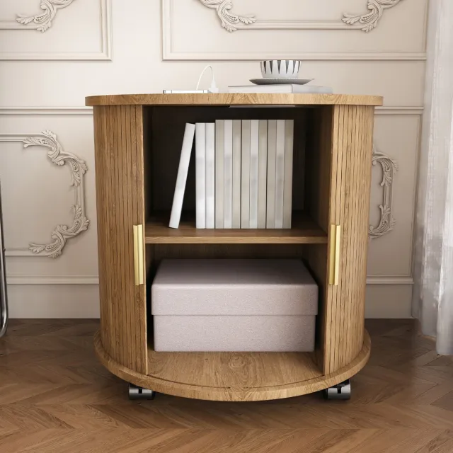 REDOM Bedtafel / Bijzettafel - Rond - Schuifdeur met opbergruimte - Oplaadstation met 1 AC-stopcontact en 2 USB-poorten - MDF - Eikenlook - 60 x 60 x 60 cm