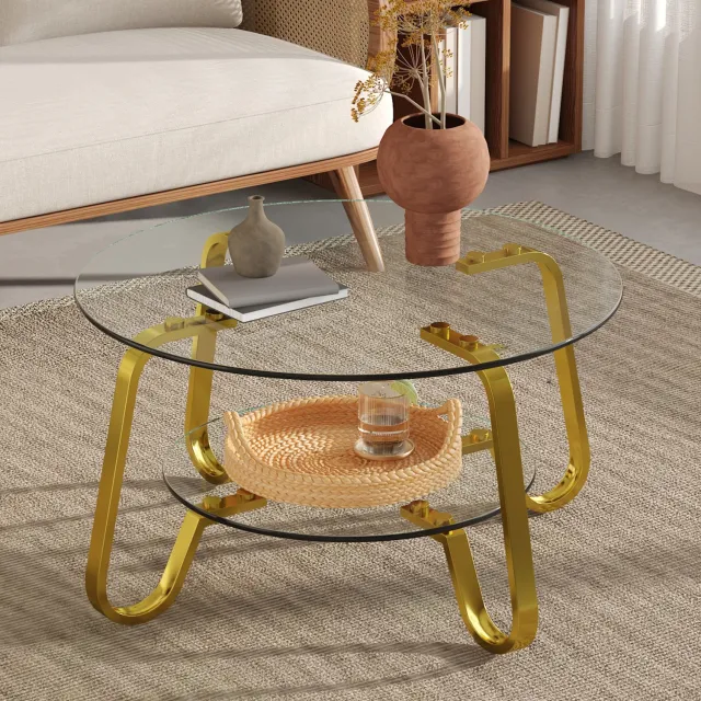 CHICFURN Salontafel - 2-laagse opbergruimte - Rond - Goud