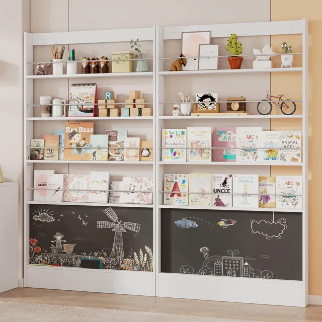 BLACKCOLORS Boekenrek, displayrek, set van 2 boekenrekken, rek voor kinderkamer, opbergrek met 4 niveaus + zwart rek om te schilderen, kantelbeveiliging/ruimtebesparend, boekenrek achter de deur, 200*10*180 cm Wit