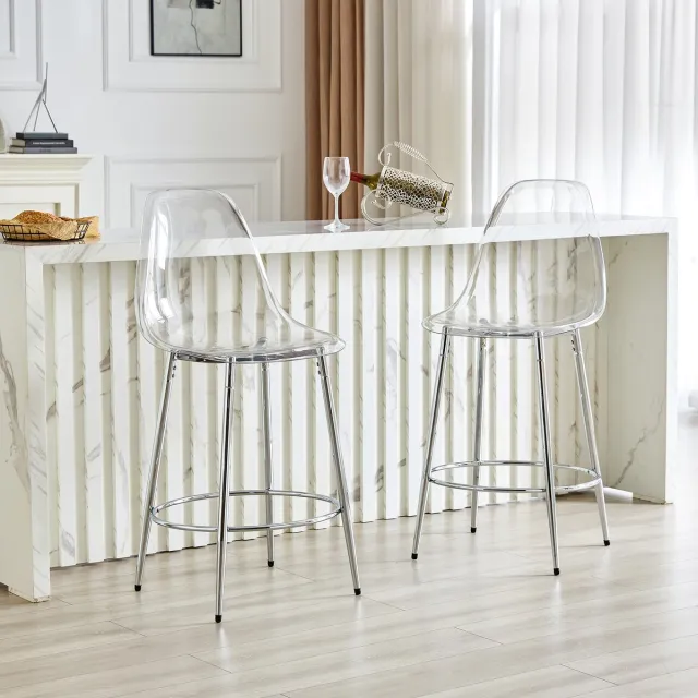 Wishdor Barkrukken Set Van 2 - Transparante Zitting Met Rugleuning En Verstelbare Voeten - Scandinavisch Ontwerp - Voor Keukenbar Of Kookeiland - Metaal En Kunststof - Zilver En Transparant - 102 Cm