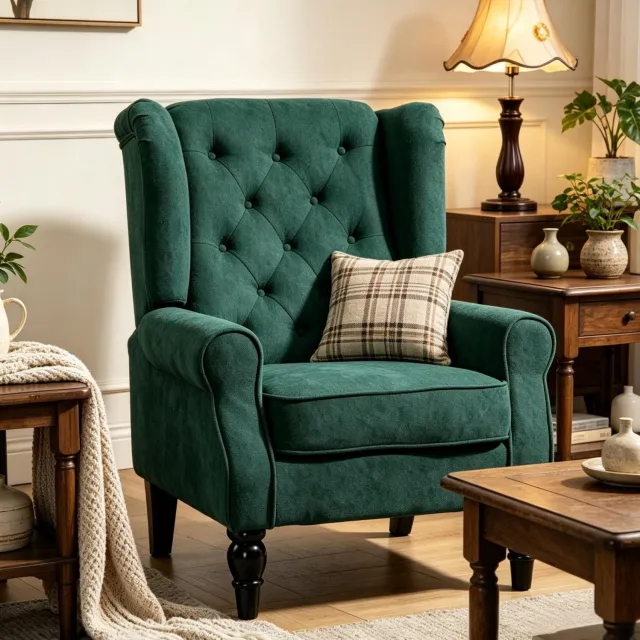 MIVRAY Fauteuil 74 x 86 x 102 cm - Hoge Rugleuning Met Kapitonering En Armleuningen - Voor Woonkamer En Leeshoek - Stof Donkergroen